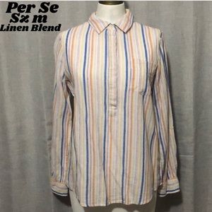 Per Se PopOver 1/4 Button Top-Sz M-Linen Blend-Vintage Style Stripes-EUC